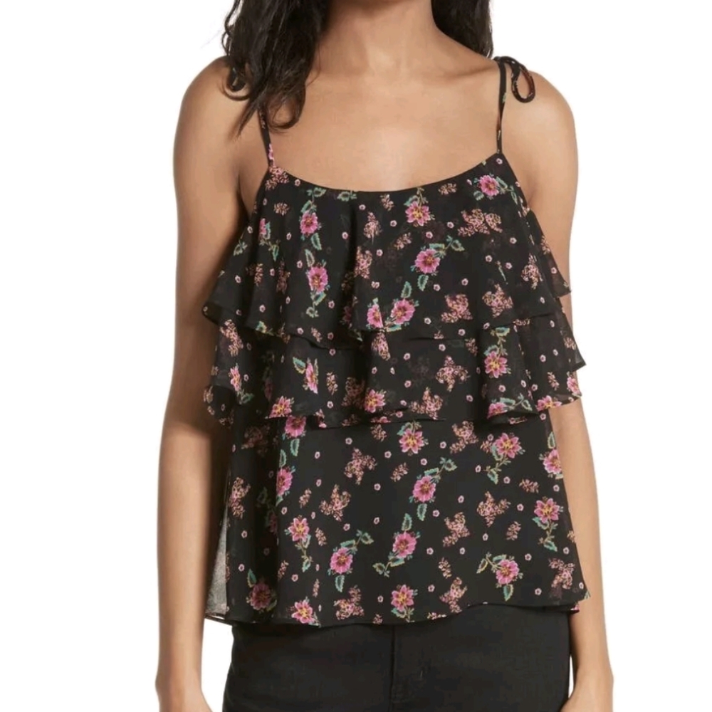 Rebecca Minkoff Atlas Ruffle Black Pink Floral Tiered Tank Top Size XS